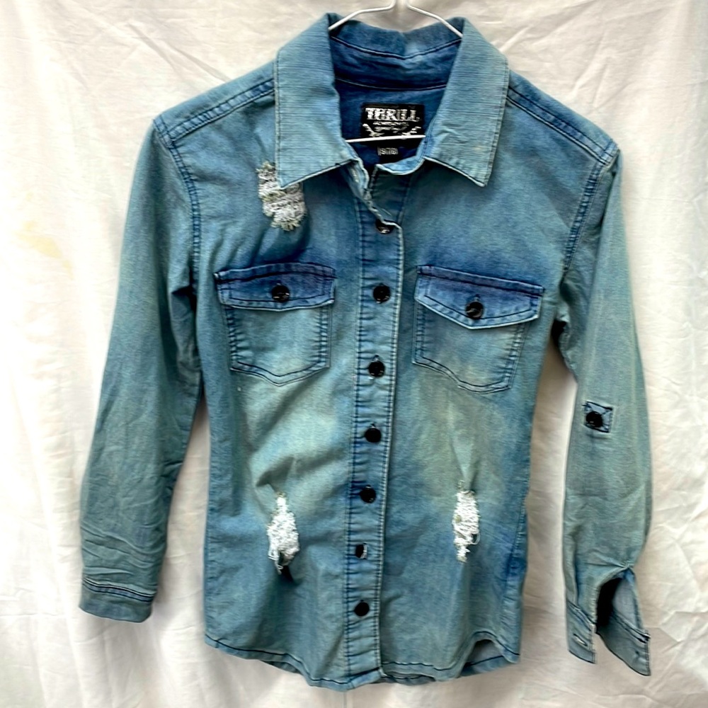 Thrill faded/distressed denim shirt girl sz 7/8